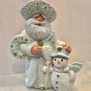 White Ceramic Santa Claus With Snowman Statue 10 Inch Tall
